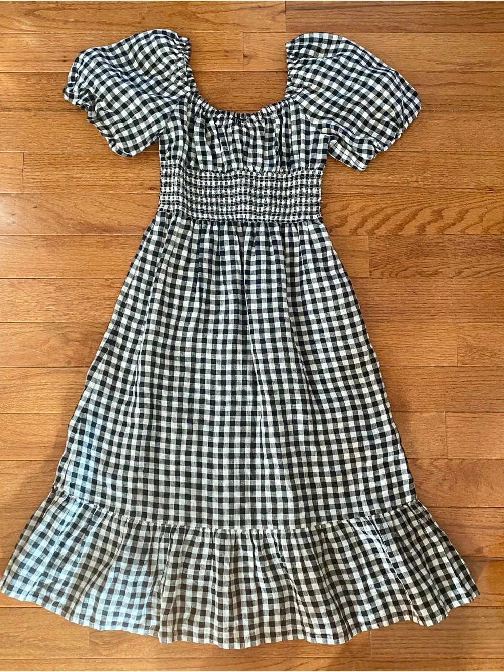 J.Crew 100% Linen Gingham Smocked Puff Sleeve Midi Dress XS